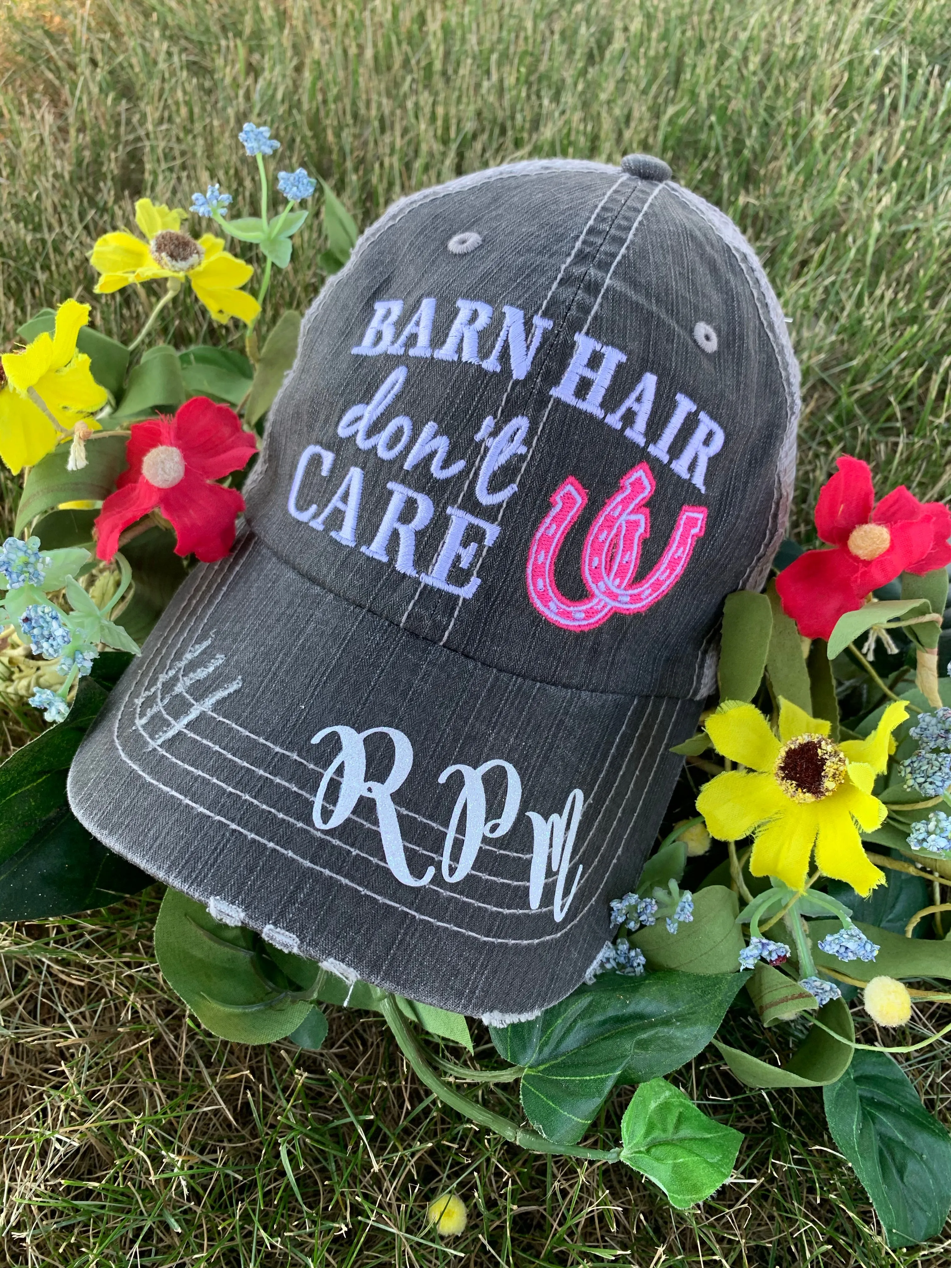 Personalized Barn Hats Barn hair dont care Personalize TEAL PINK or WHITE horseshoe Embroidered Distressed Horses Riding