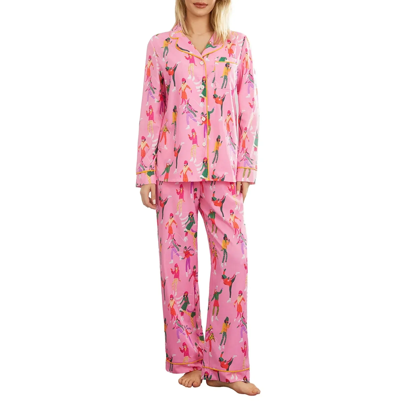 Print Long Sleeve Wide Leg Matching Y2k Two Piece Floral Pajamas