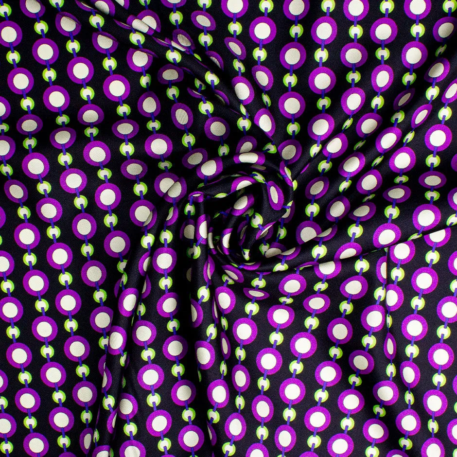 Purple & Green Link Printed Black Silk Twill (A 2m Piece)