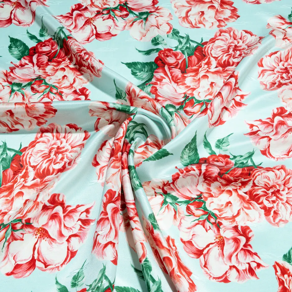 Red Floral Printed Aqua Silk Twill Jacquard