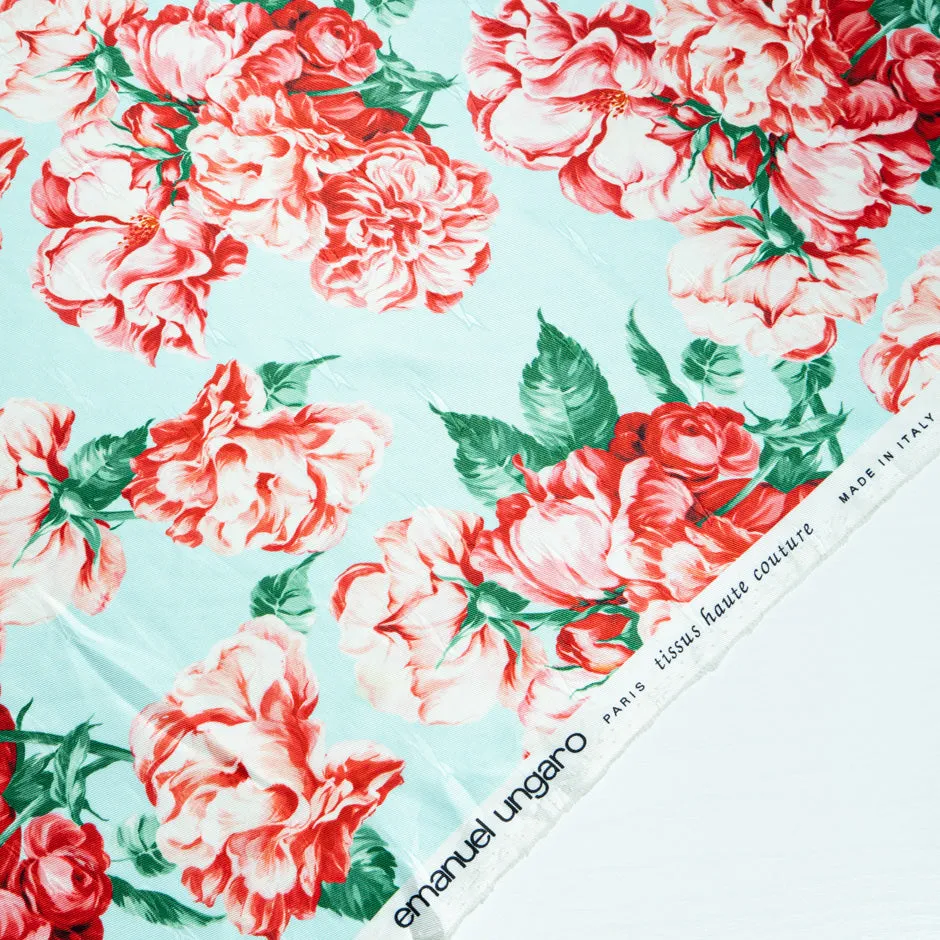 Red Floral Printed Aqua Silk Twill Jacquard