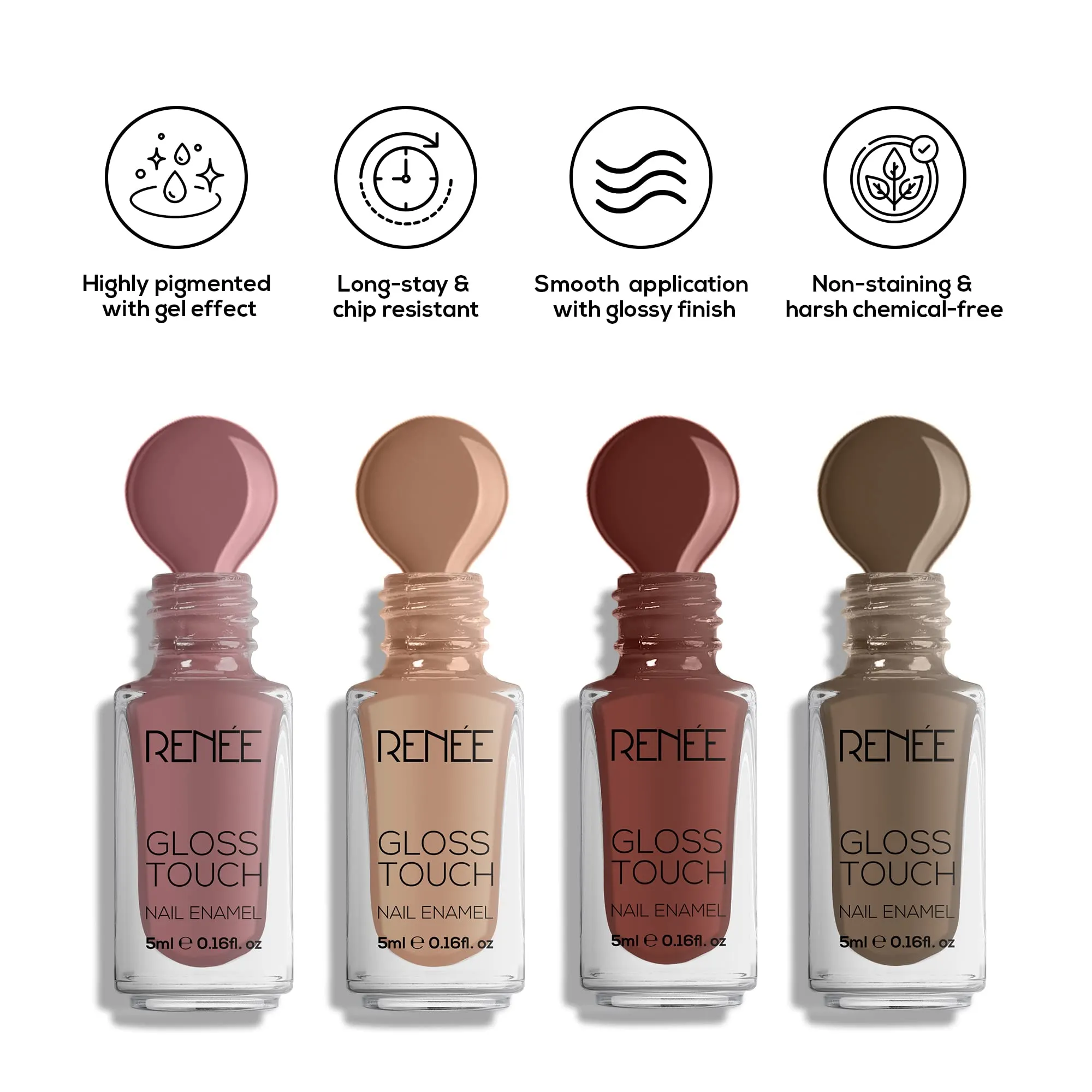 Renee Gloss Touch Nail Paint Set of 4, Quick Drying Nail Polish, Glossy Gel Finish Nail Kit, Highly Pigmented & Long Lasting Enamel, Chip Resistance 5ml Each Gift Set for Women N02 Everyday Nudes