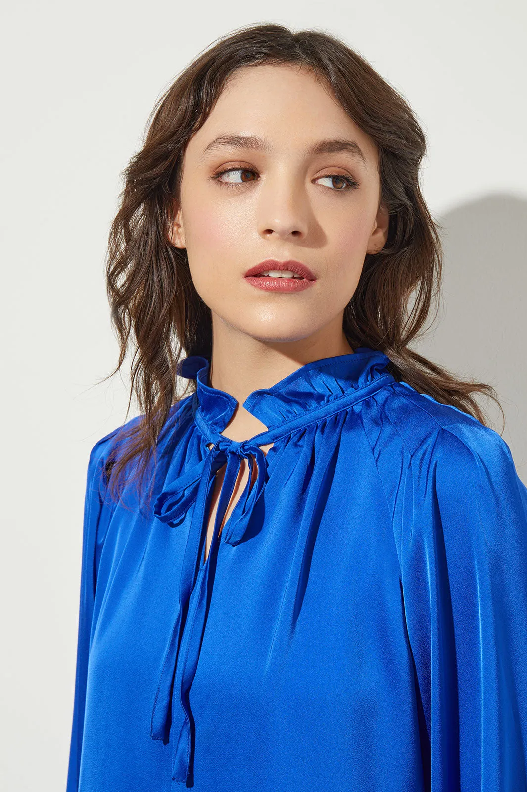 Ruffled Tie Keyhole Neck Crepe de Chine Blouse, Deep Sky