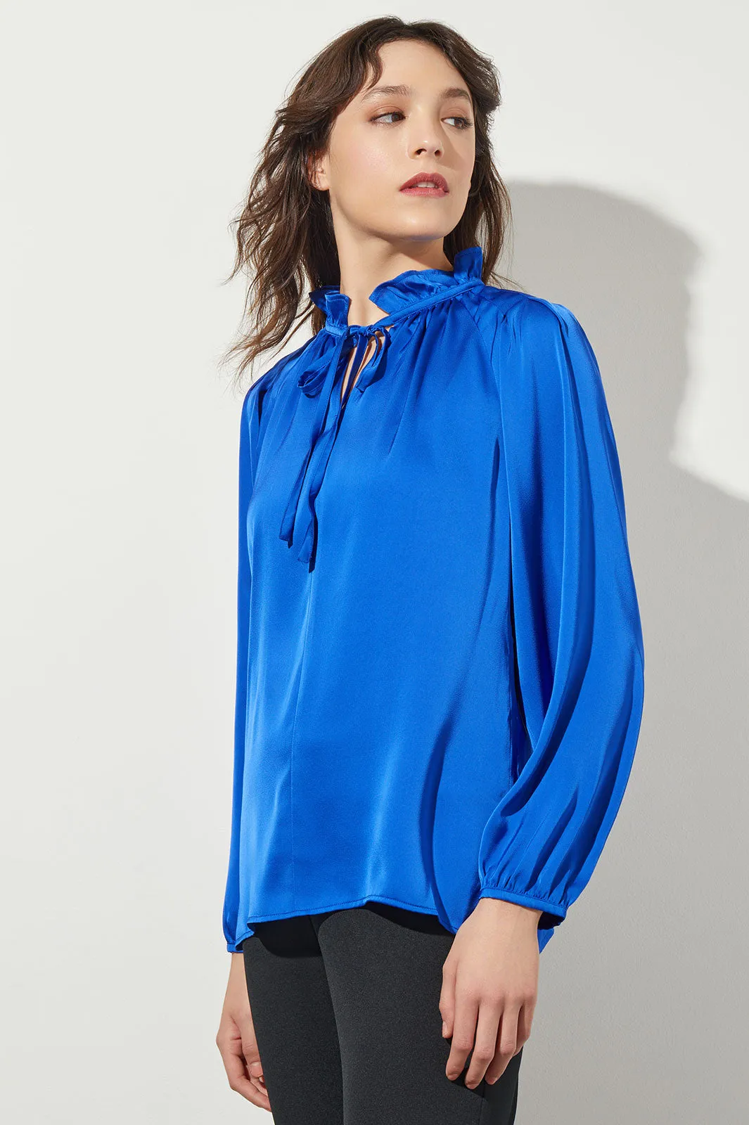 Ruffled Tie Keyhole Neck Crepe de Chine Blouse, Deep Sky