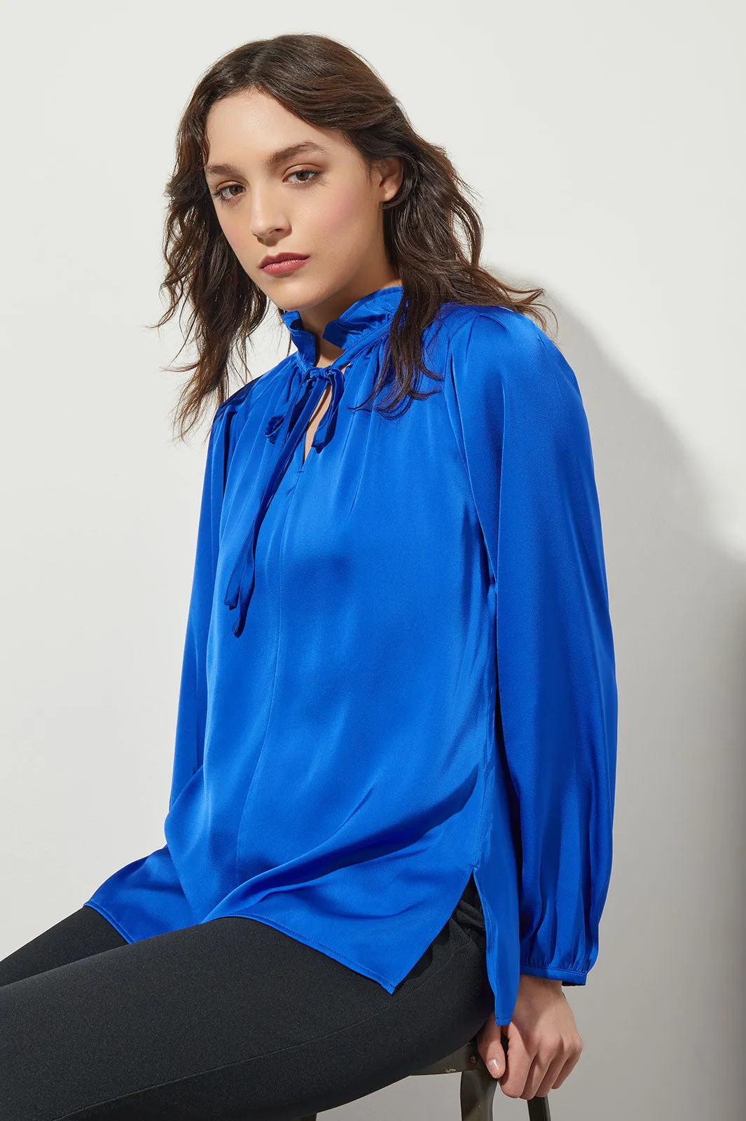 Ruffled Tie Keyhole Neck Crepe de Chine Blouse, Deep Sky