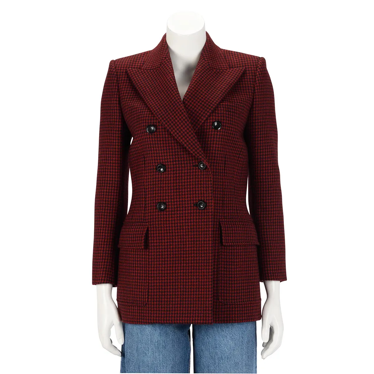 Saint Laurent Red & Black Wool Houndstooth Blazer FR 36