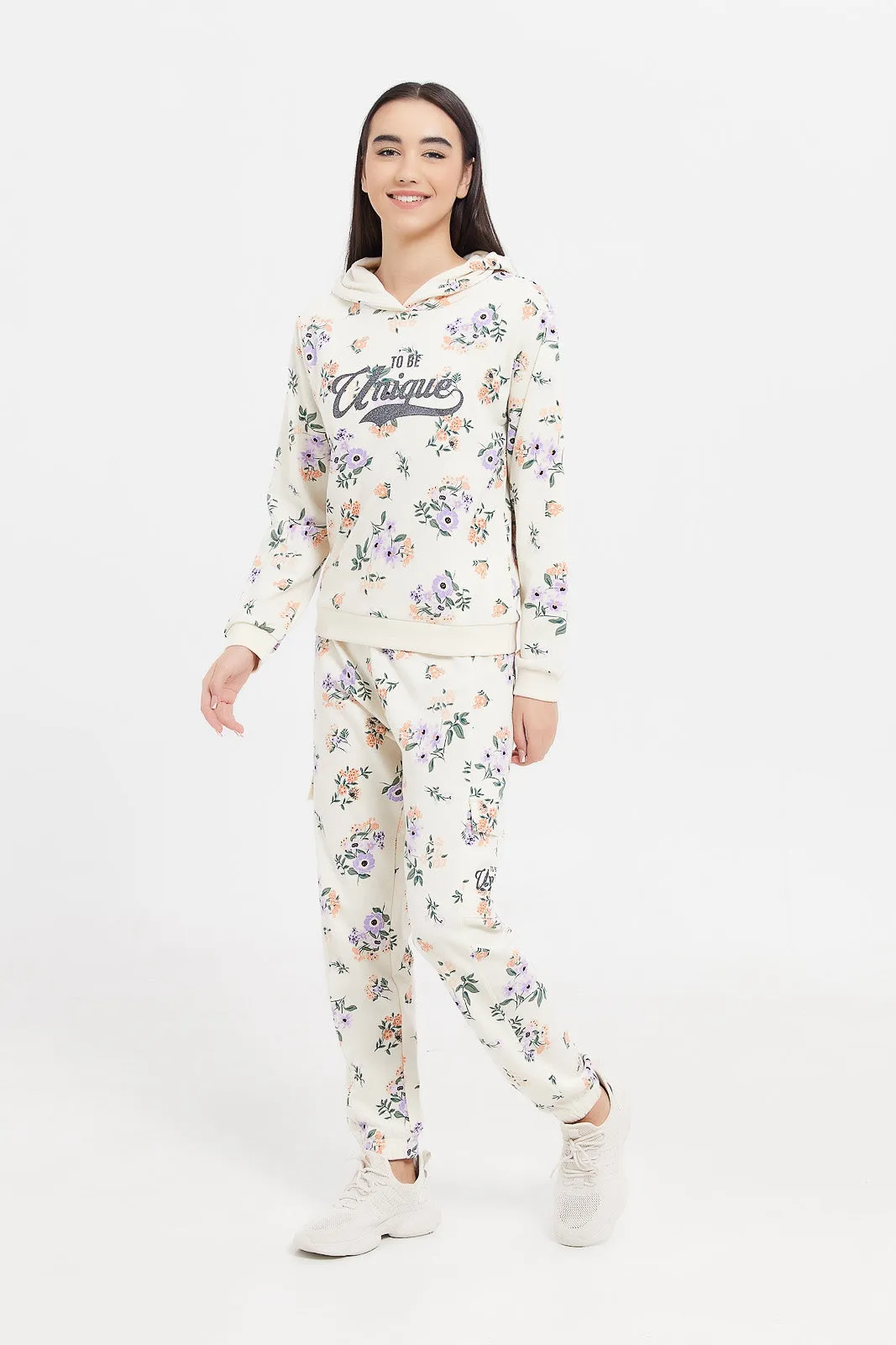 Senior Girls Cream Floral Cargo Pocket Pants