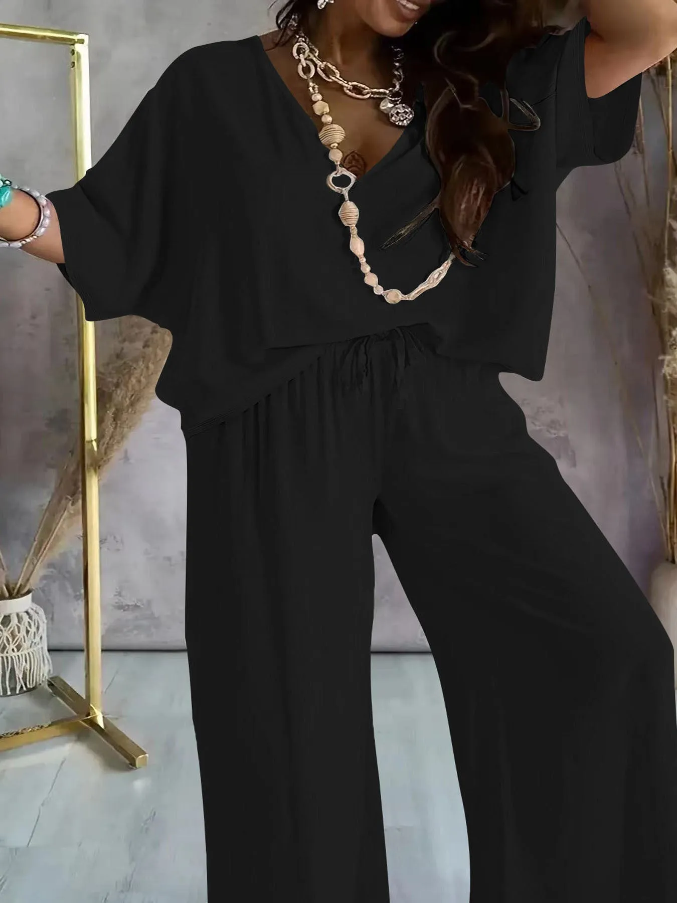 V-neck Batwing Sleeve Loose Wide Leg Pants Suit Women