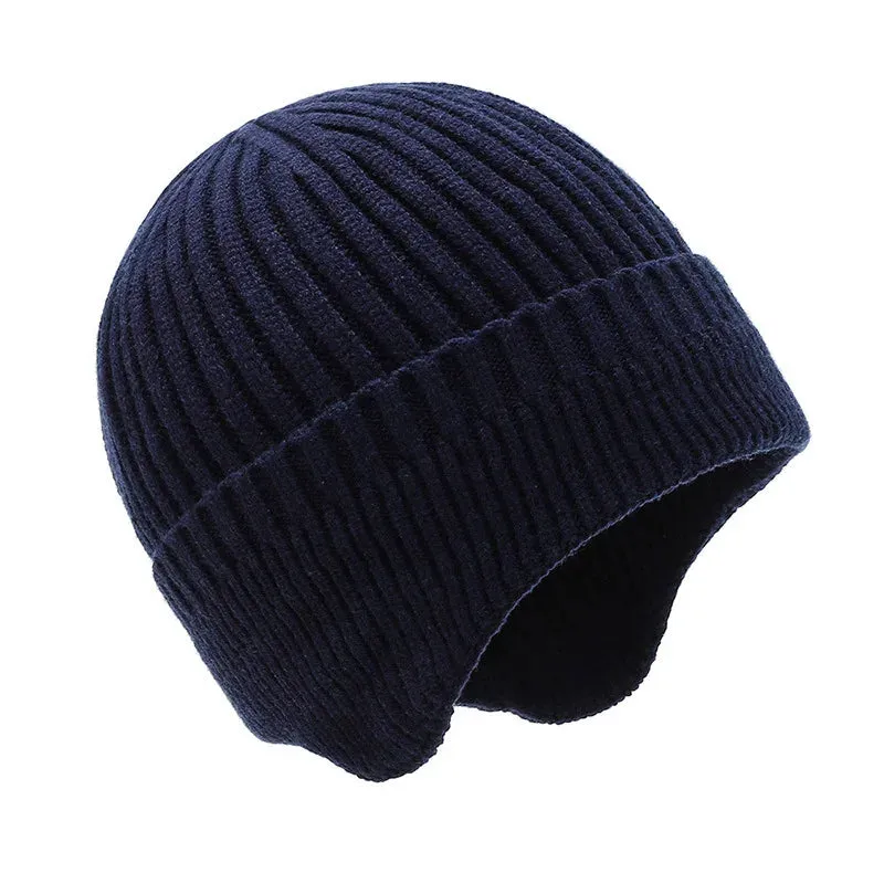 Winter Ears Protected Hats for Men Solid Thicker Knitted Fleece Hats for Men Warm Ear Caps Autumn Beanie Hat Men Winter Cap