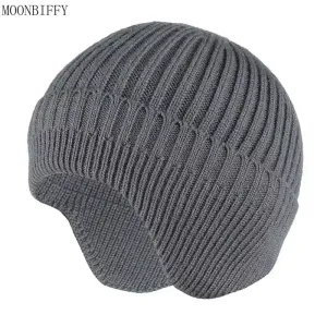 Winter Ears Protected Hats for Men Solid Thicker Knitted Fleece Hats for Men Warm Ear Caps Autumn Beanie Hat Men Winter Cap