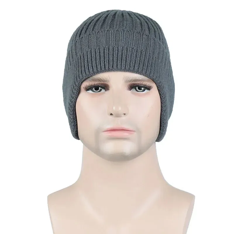 Winter Ears Protected Hats for Men Solid Thicker Knitted Fleece Hats for Men Warm Ear Caps Autumn Beanie Hat Men Winter Cap