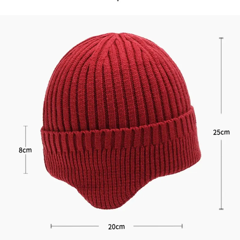 Winter Ears Protected Hats for Men Solid Thicker Knitted Fleece Hats for Men Warm Ear Caps Autumn Beanie Hat Men Winter Cap