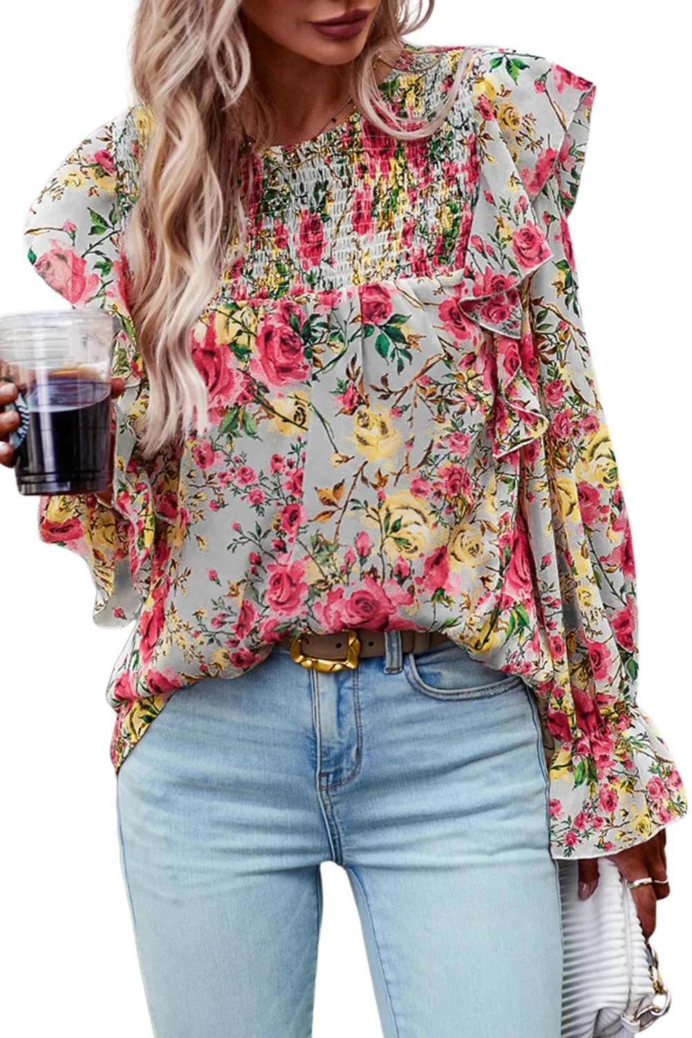 Women Floral Crew Neck Ruffle Sleeve Blouse