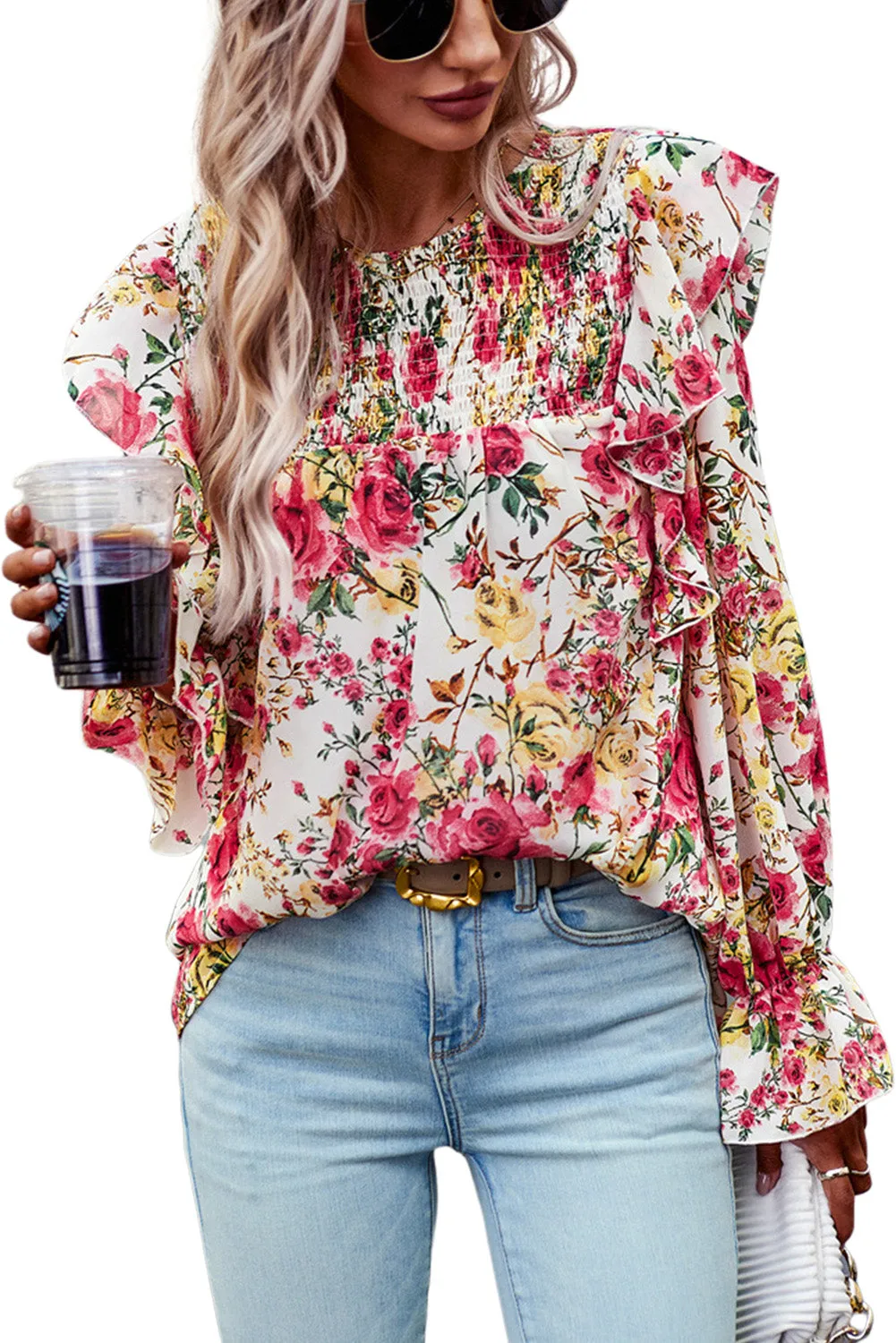 Women Floral Crew Neck Ruffle Sleeve Blouse