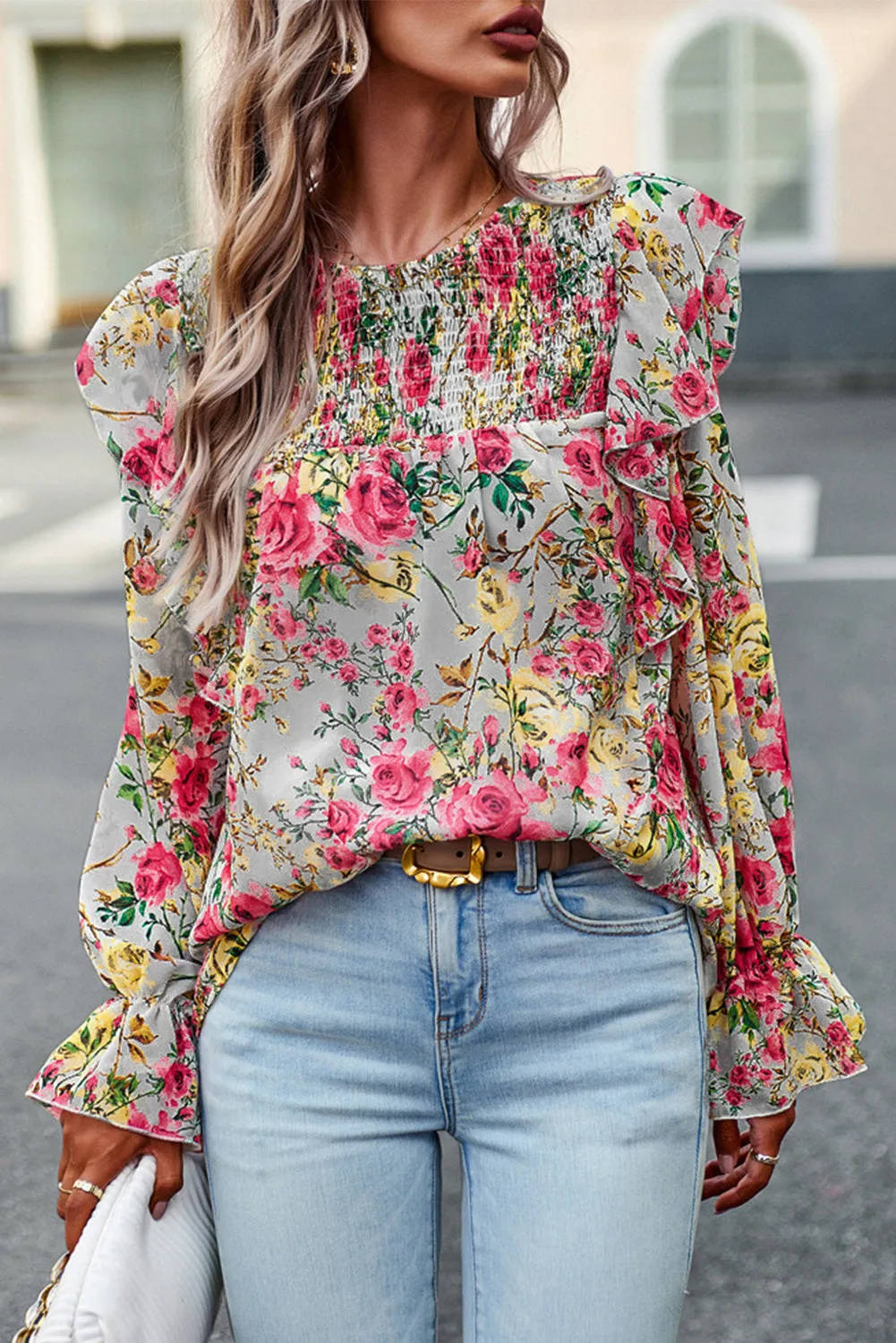 Women Floral Crew Neck Ruffle Sleeve Blouse