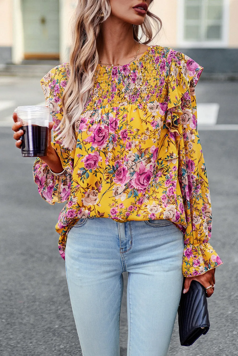 Women Floral Crew Neck Ruffle Sleeve Blouse