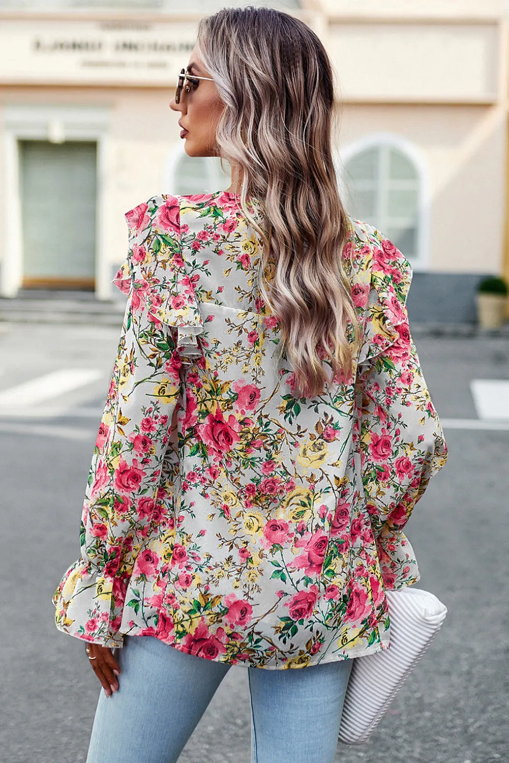 Women Floral Crew Neck Ruffle Sleeve Blouse