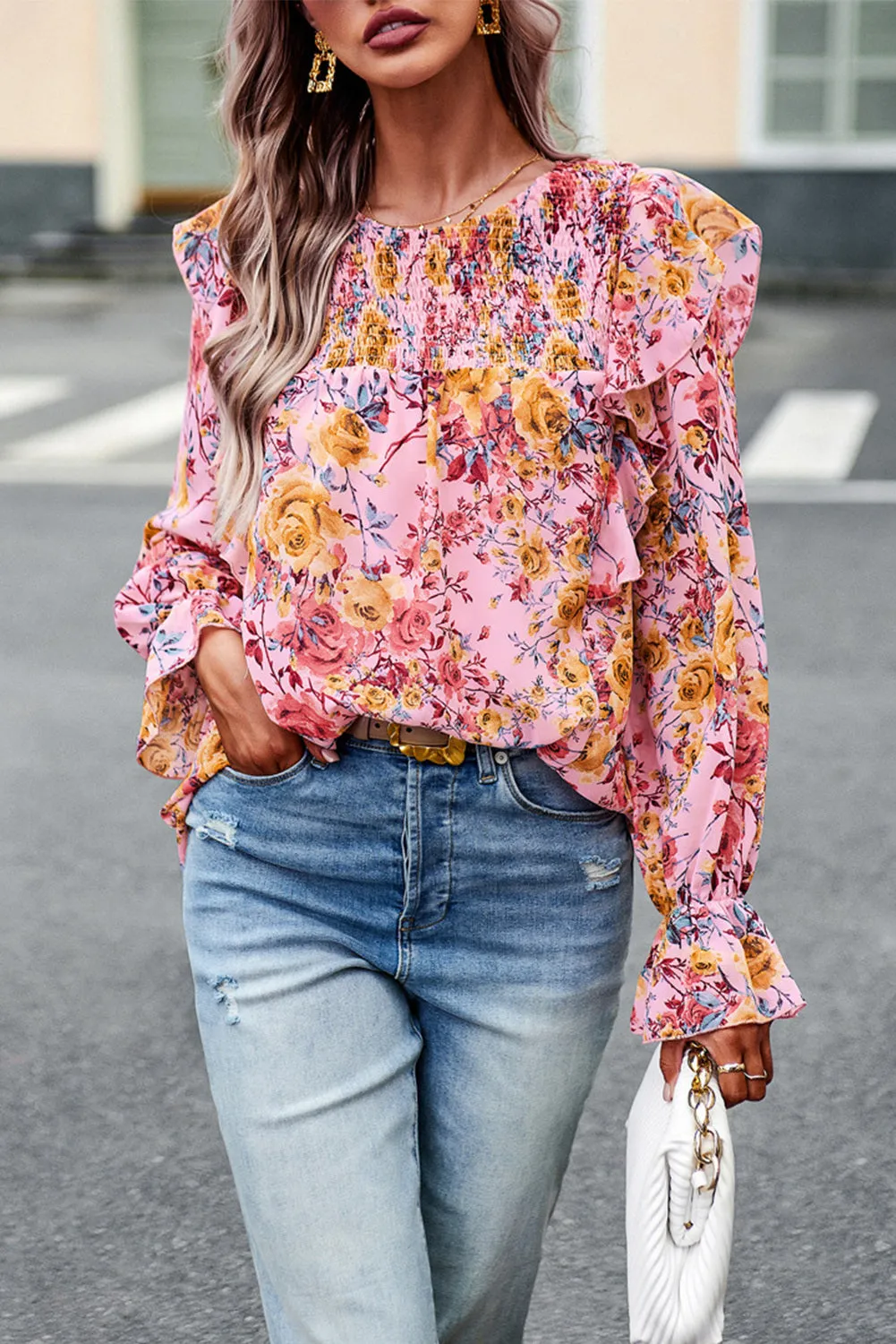 Women Floral Crew Neck Ruffle Sleeve Blouse