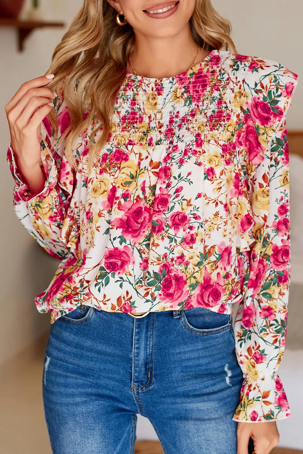 Women Floral Crew Neck Ruffle Sleeve Blouse