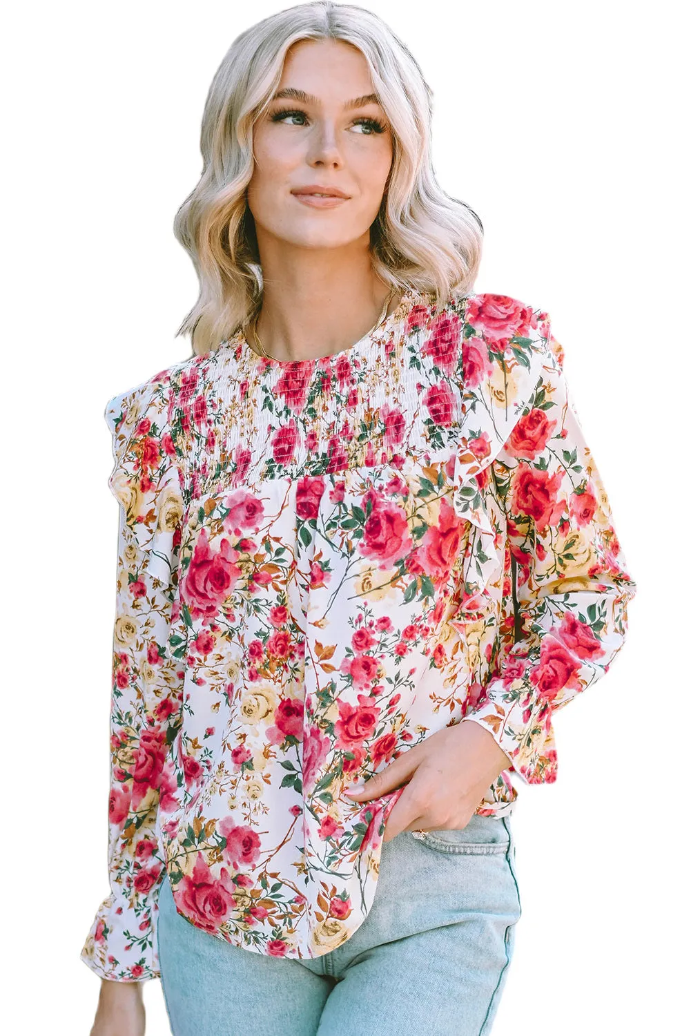 Women Floral Crew Neck Ruffle Sleeve Blouse