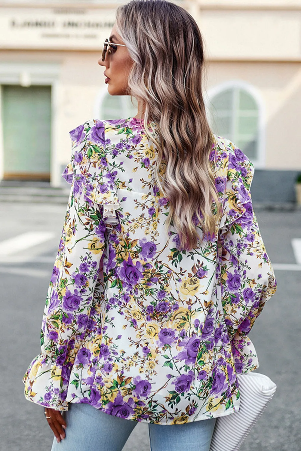 Women Floral Crew Neck Ruffle Sleeve Blouse