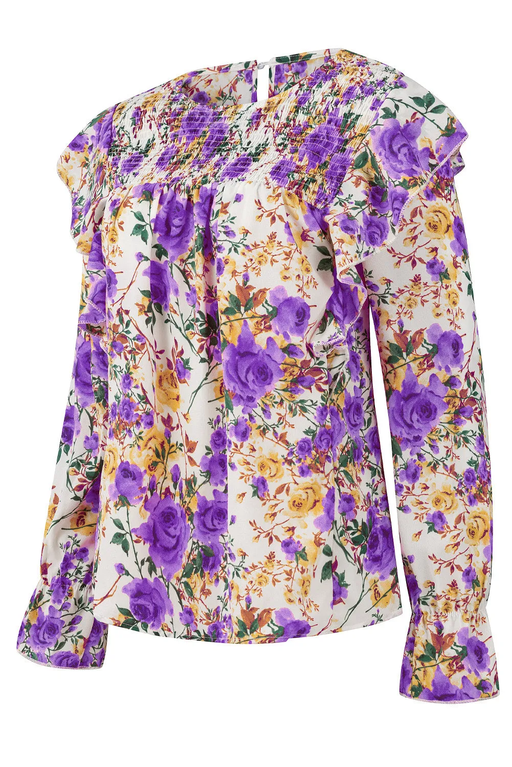 Women Floral Crew Neck Ruffle Sleeve Blouse