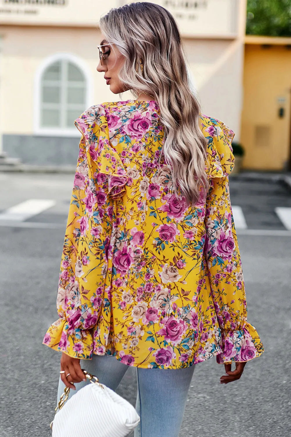 Women Floral Crew Neck Ruffle Sleeve Blouse