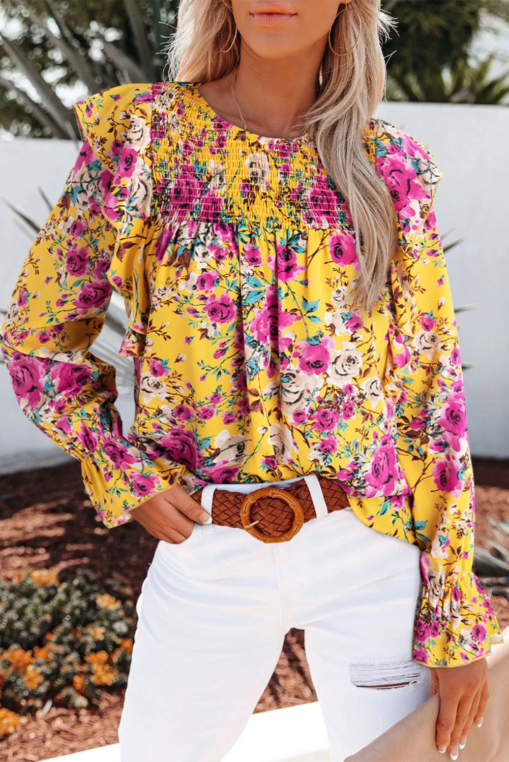 Women Floral Crew Neck Ruffle Sleeve Blouse