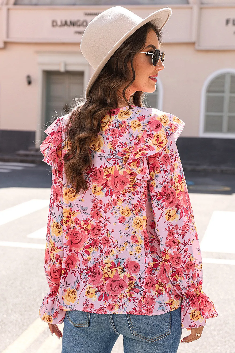 Women Floral Crew Neck Ruffle Sleeve Blouse