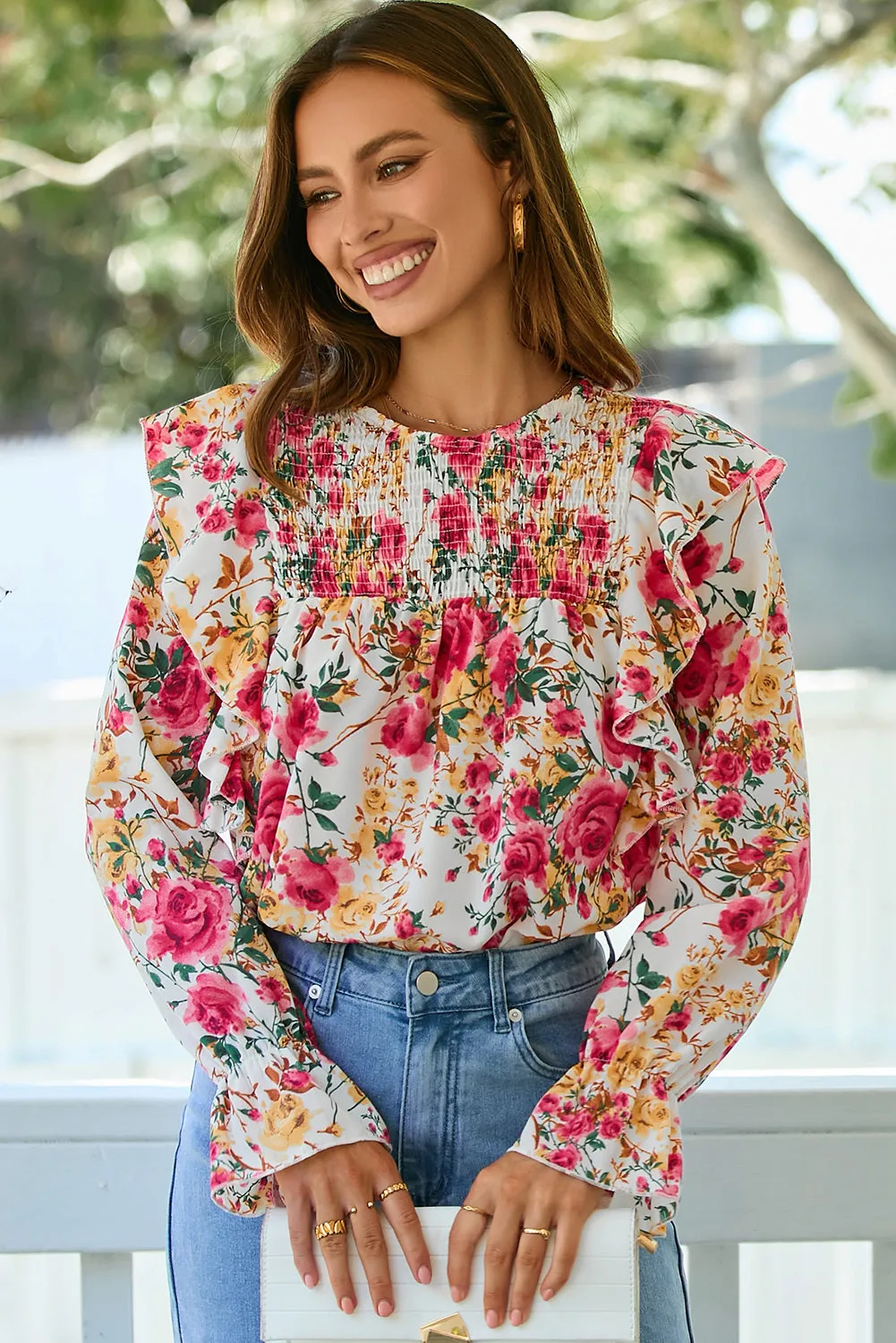 Women Floral Crew Neck Ruffle Sleeve Blouse