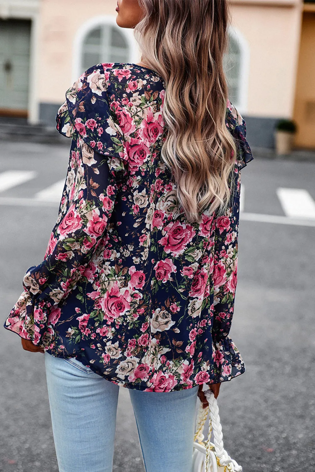 Women Floral Crew Neck Ruffle Sleeve Blouse