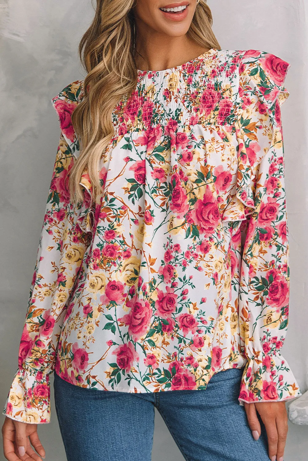 Women Floral Crew Neck Ruffle Sleeve Blouse