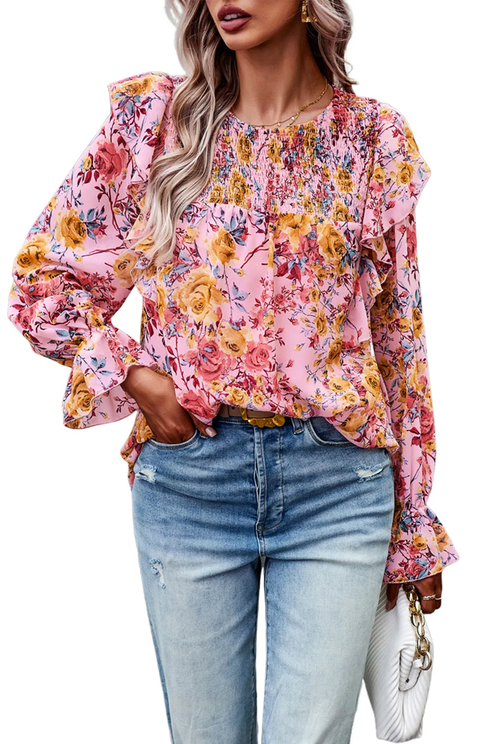 Women Floral Crew Neck Ruffle Sleeve Blouse