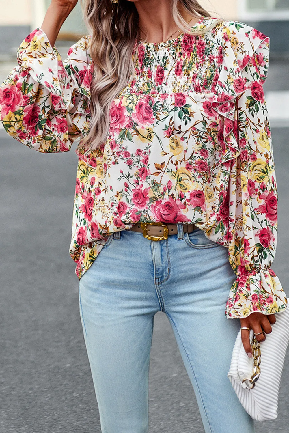 Women Floral Crew Neck Ruffle Sleeve Blouse