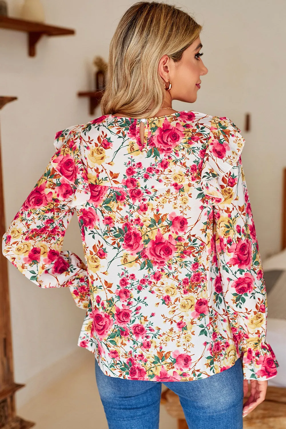 Women Floral Crew Neck Ruffle Sleeve Blouse