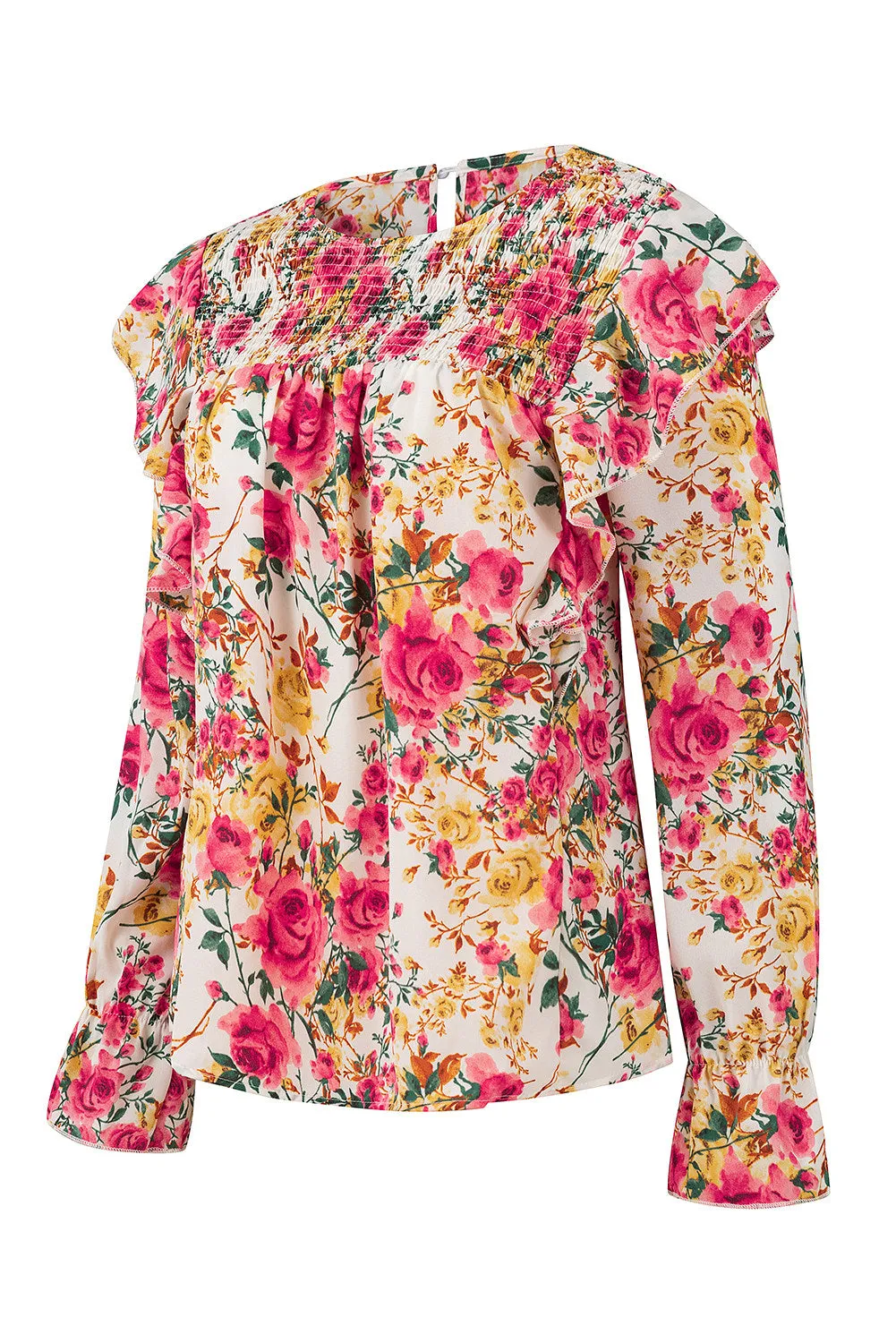 Women Floral Crew Neck Ruffle Sleeve Blouse