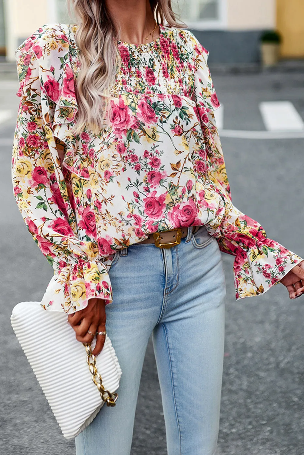 Women Floral Crew Neck Ruffle Sleeve Blouse