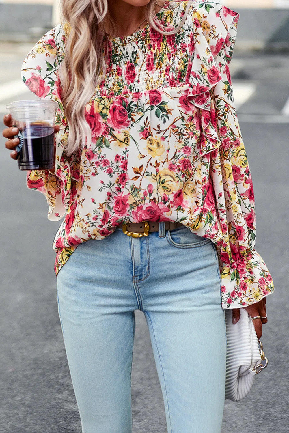 Women Floral Crew Neck Ruffle Sleeve Blouse