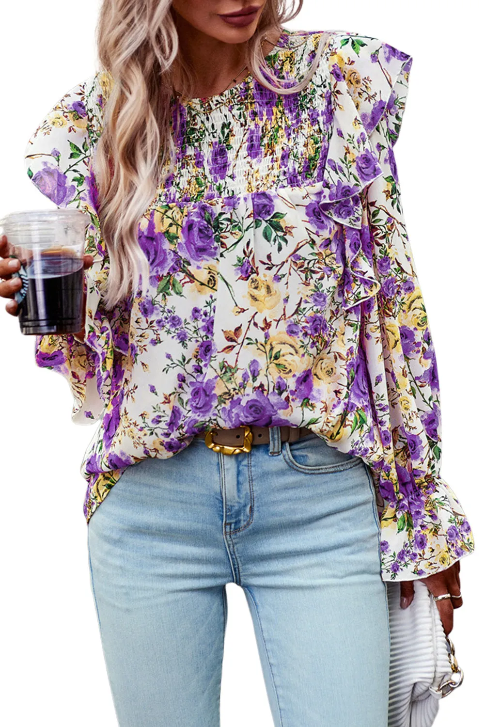 Women Floral Crew Neck Ruffle Sleeve Blouse