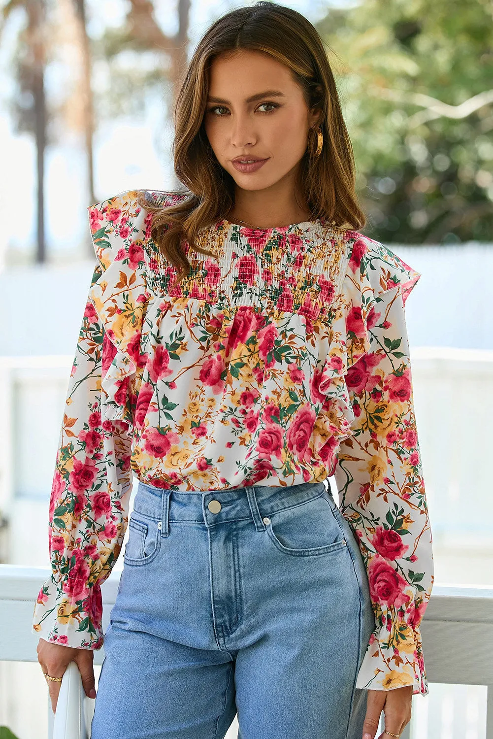 Women Floral Crew Neck Ruffle Sleeve Blouse