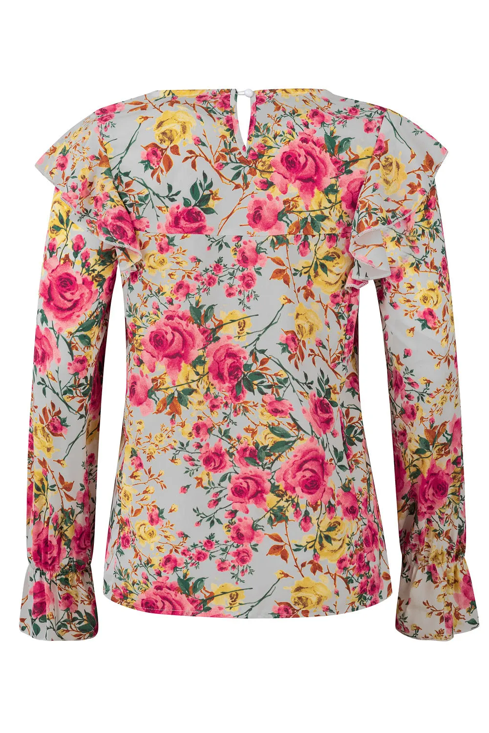 Women Floral Crew Neck Ruffle Sleeve Blouse