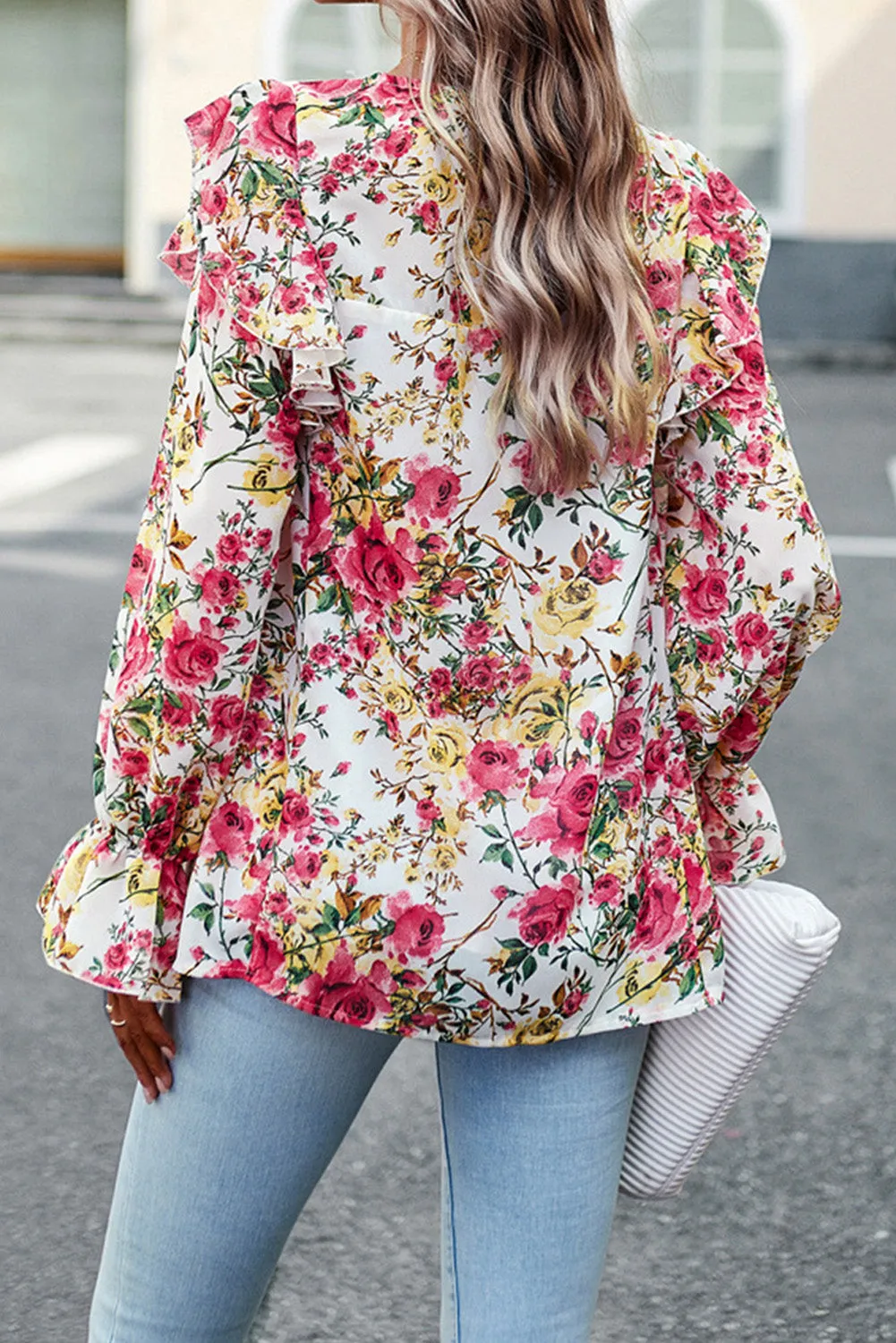 Women Floral Crew Neck Ruffle Sleeve Blouse