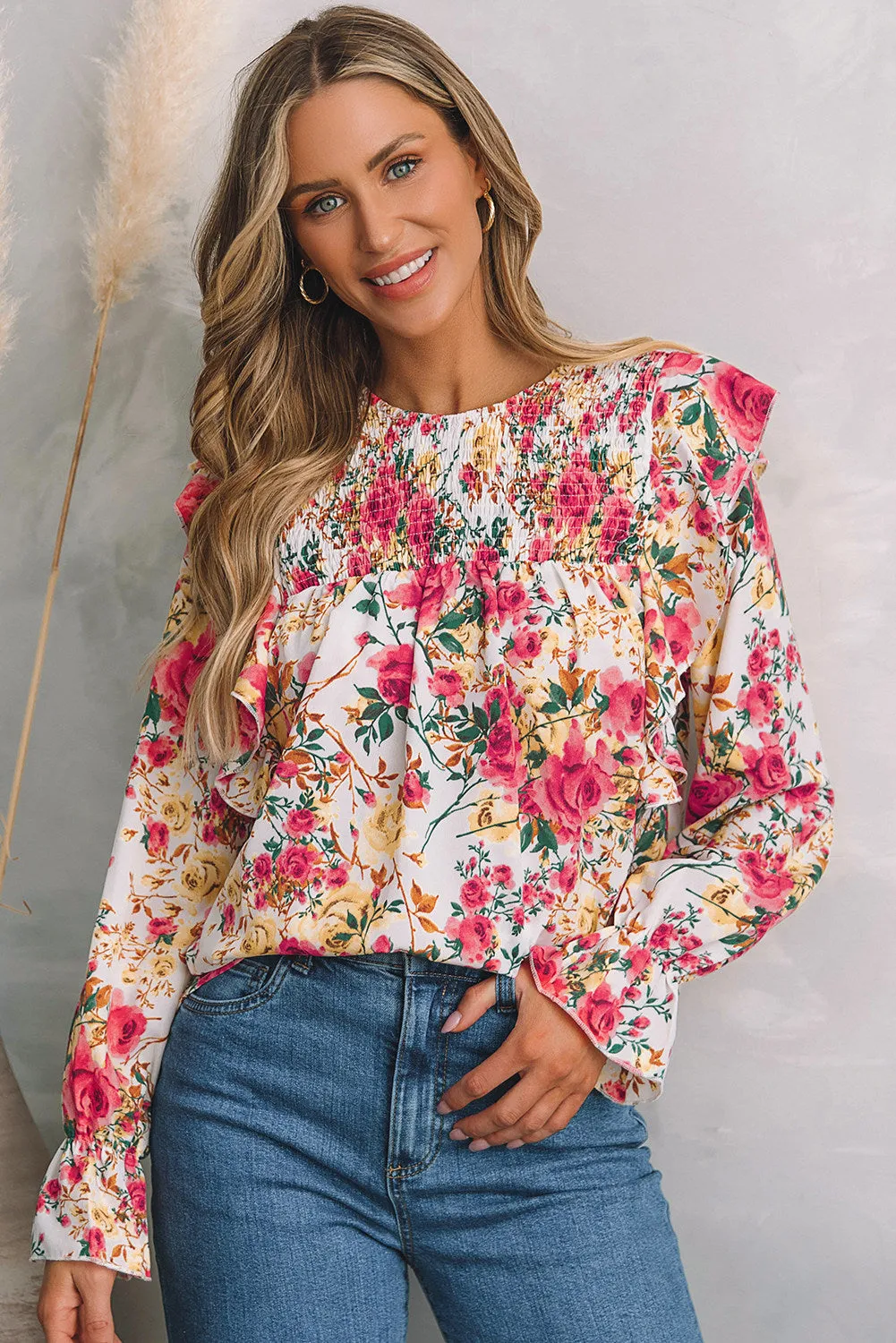 Women Floral Crew Neck Ruffle Sleeve Blouse