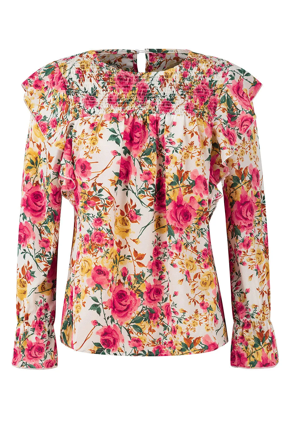 Women Floral Crew Neck Ruffle Sleeve Blouse