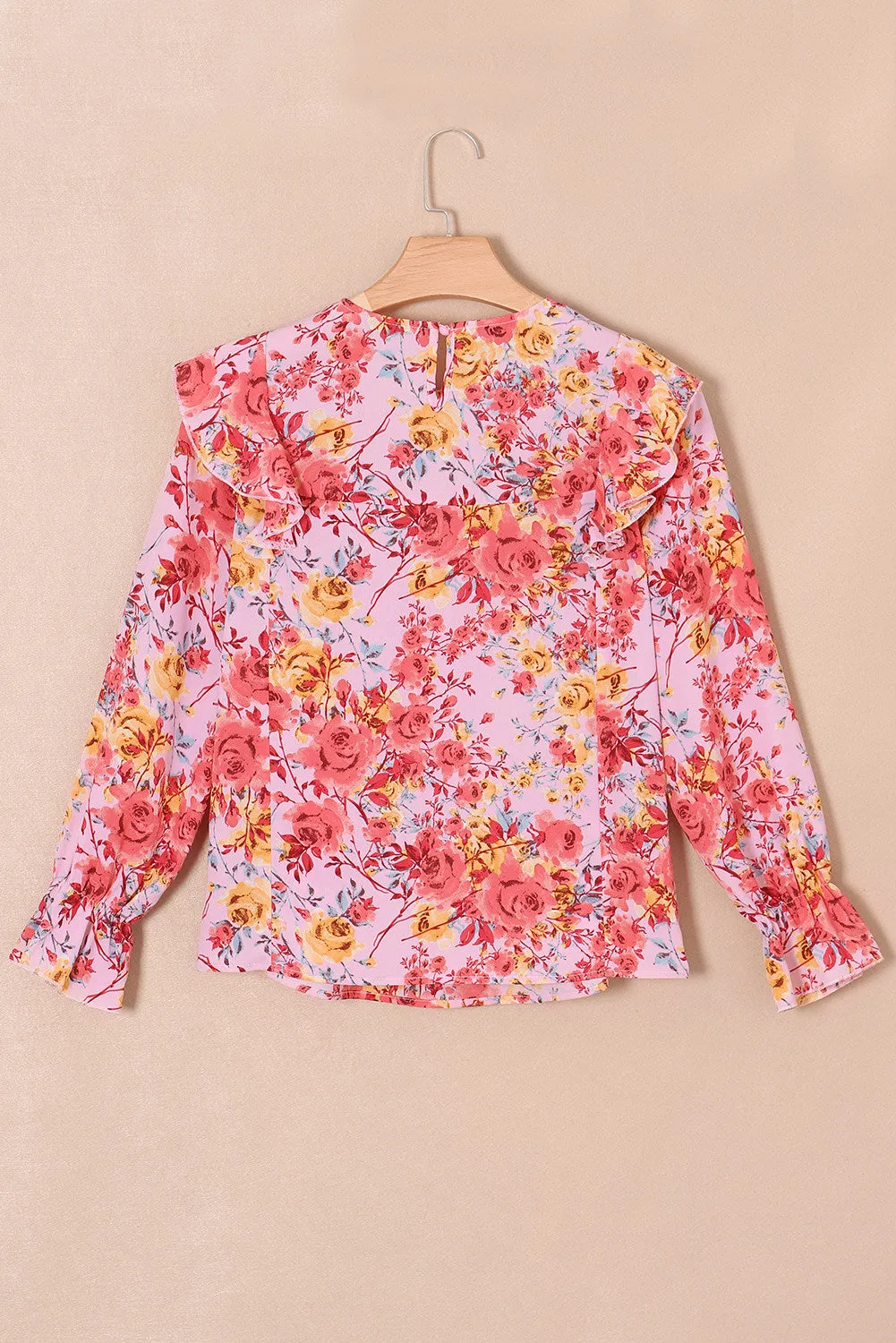 Women Floral Crew Neck Ruffle Sleeve Blouse